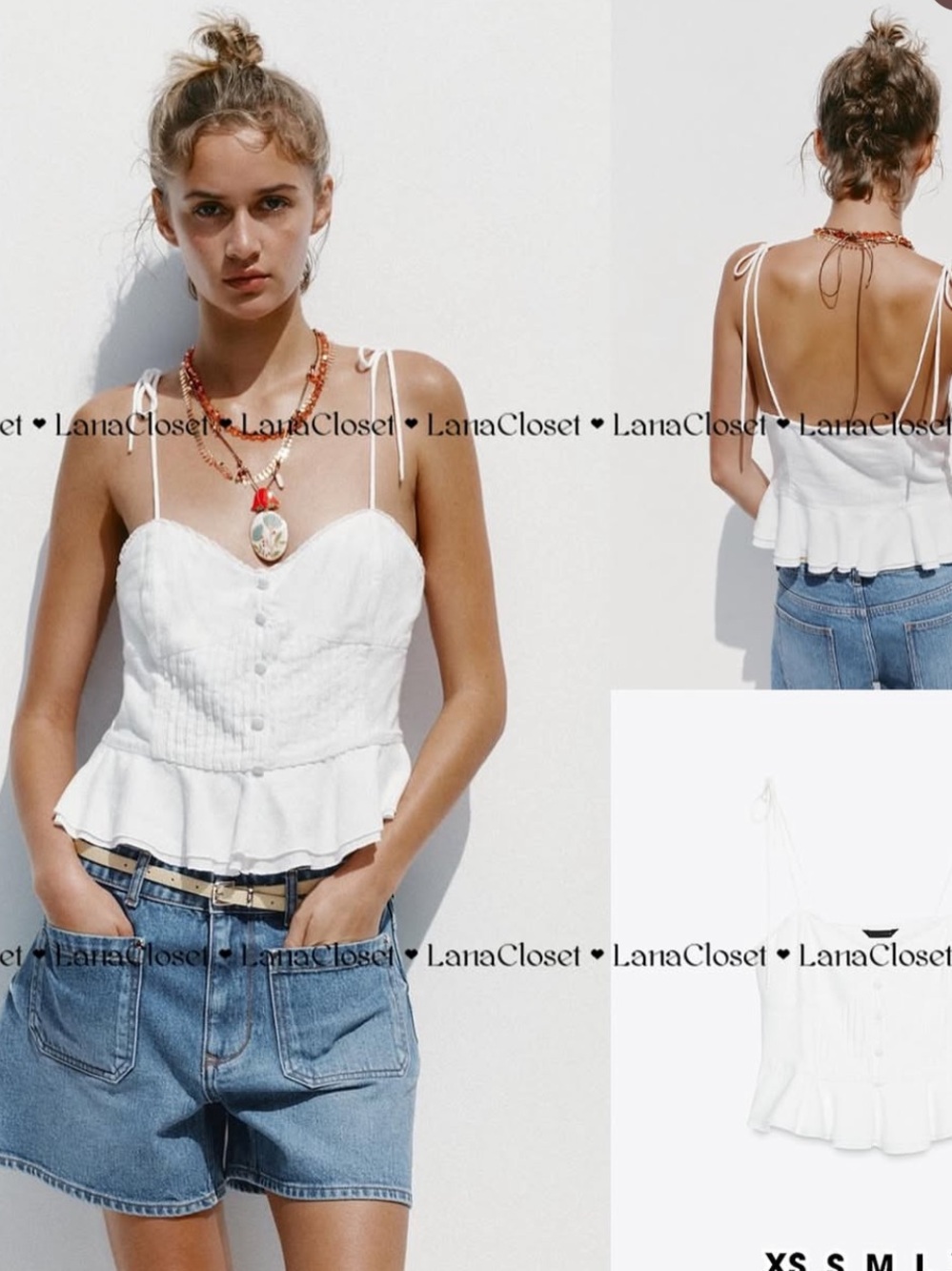 Zara White Peplum Tie-Shoulder Cami Top